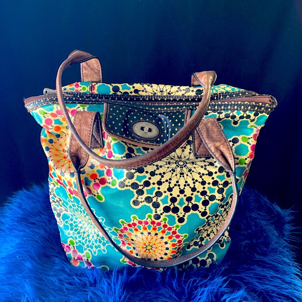 Fossil Multicolor Teal Floral Print Shoulder Bag with Brown Handles